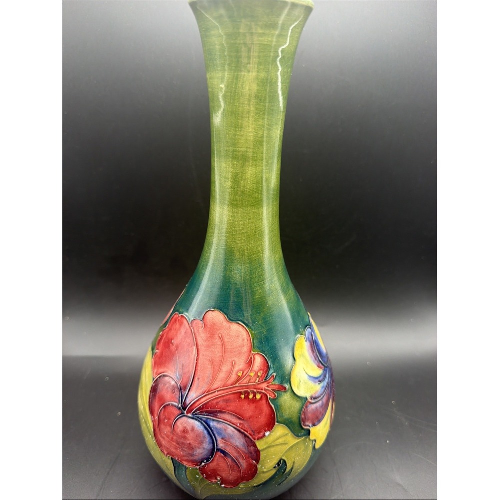 Vintage Walter Moorcroft Hibiscus Bottle Vase 12.75" Queen Mary England